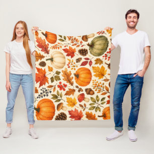 Autumn Watercolor Pumpkins, Fall Leaves & Woodland Fleece Blanket