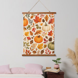 Autumn Watercolor Pumpkins, Fall Leaves & Woodland Hanging Tapestry