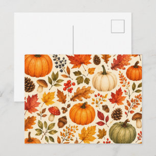 Autumn Watercolor Pumpkins, Fall Leaves & Woodland Holiday Postcard