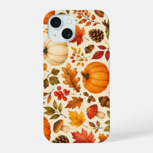 Autumn Watercolor Pumpkins, Fall Leaves & Woodland iPhone 15 Case