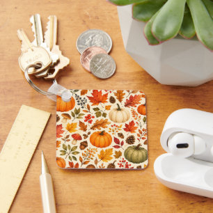 Autumn Watercolor Pumpkins, Fall Leaves & Woodland Key Ring