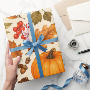 Autumn Watercolor Pumpkins, Fall Leaves & Woodland Wrapping Paper