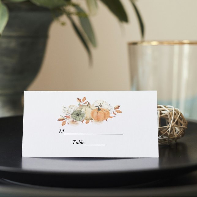 Autumn Watercolor Pumpkins & Flowers Place Card (Creator Uploaded)