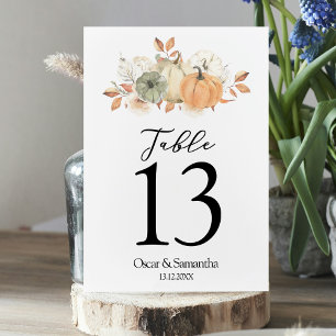 Autumn Watercolor Pumpkins & Flowers Table Number