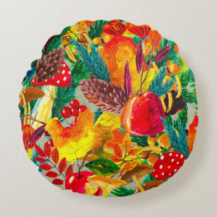 Autumn watercolor seamless pattern with leaves mus round cushion