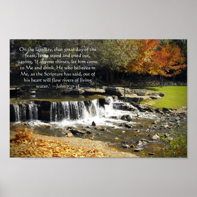 Autumn Waterfall Scene John 7:37 Bible Verse Poster (Front)