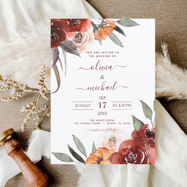 Autumn Wedding Burgundy Floral Fall Invitation (Creator Uploaded)