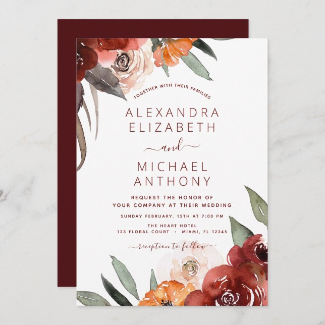 Autumn Wedding Burgundy Floral  Invitation (Front/Back)