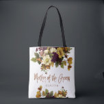 Autumn wedding floral modern mother of the groom tote bag<br><div class="desc">Modern rustic mother of the groom elegant typography tote bag featuring autumn fall rusty orange, burgundy gold and ivory cream flowers with dried leaves and foliage and a whimsical chic script. Personalise it with mother's name on the front side and with the wedding couple names and date on the reverse....</div>
