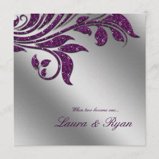 Autumn Wedding Invite Sparkle Leaf Purple Silver