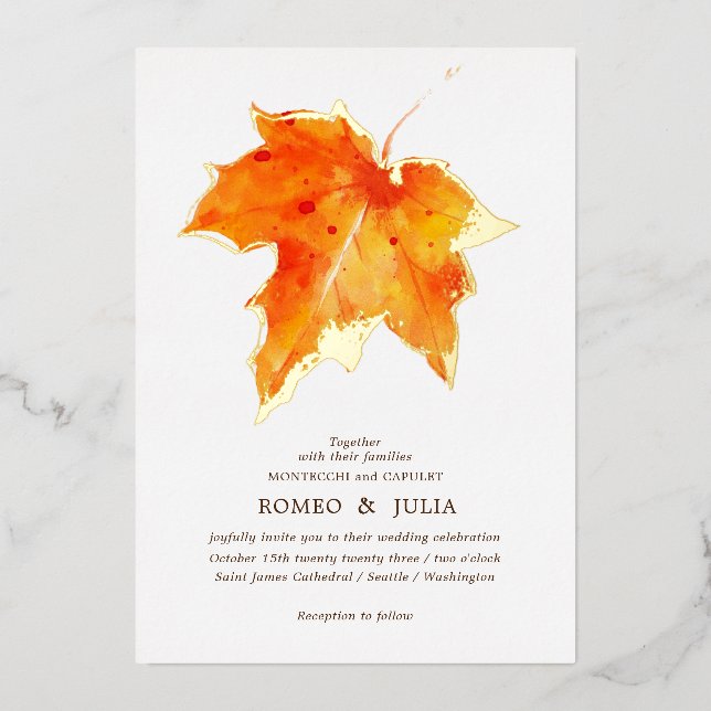 Autumn Wedding Orange Watercolored Maple Leaf  (Front)