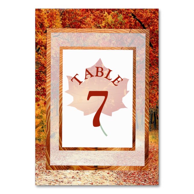 Autumn Wedding Pretty Fall Leaf Table Number Card (Front)