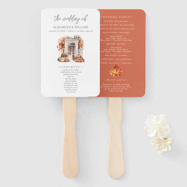 Autumn Wedding Program White Front Door Hand Fan (Front and Back)