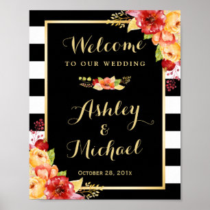 Autumn Wedding Reception Sign Gold Floral Stripes