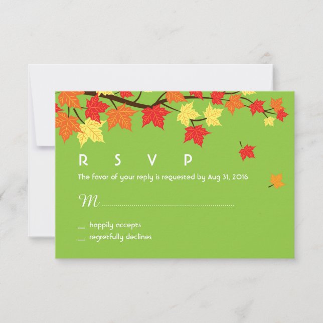 Autumn Wedding RSVP Card with Maple Leaves Falling (Front)