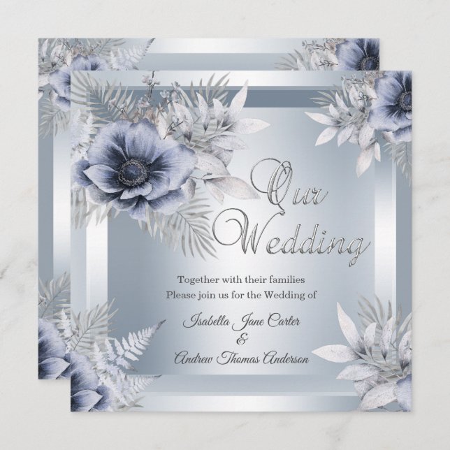Autumn Wedding Silver Blue Floral Bouquet Invitation (Front/Back)