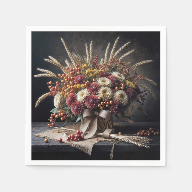 Autumn Wheat Stalks and Mum Bouquet  Napkin (Front)