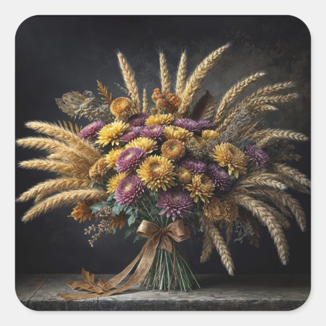 Autumn Wheat Stalks and Mum Bouquet Square Sticker (Front)