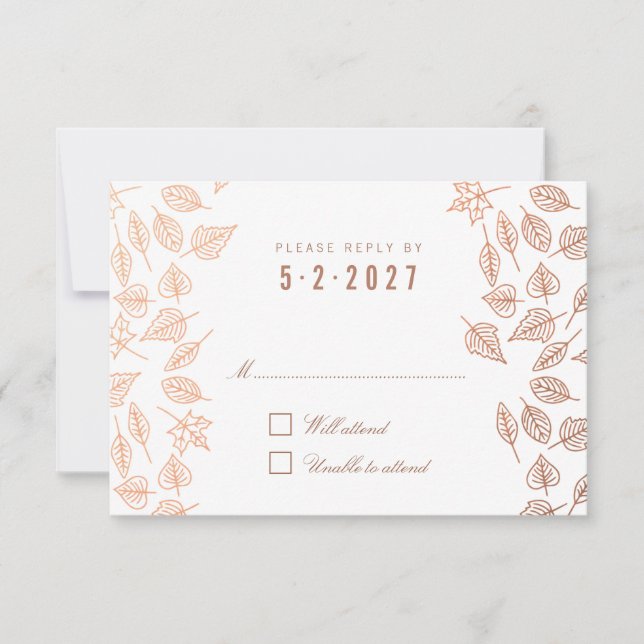 Autumn Whimsical Leaves Copper Wedding RSVP Card (Front)