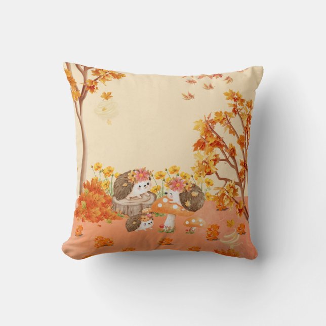 Autumn Whimsy: Hedgehogs in a Cosy Forest Cushion (Front)