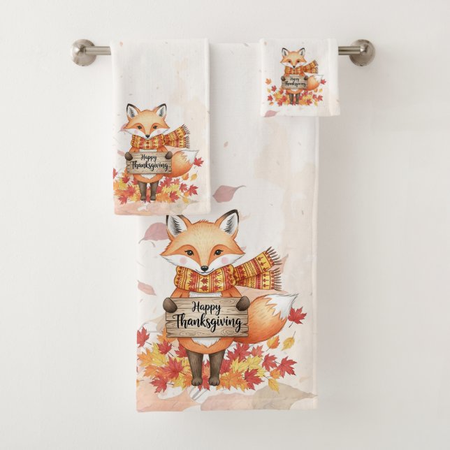 Autumn Whimsy – Thanksgiving Fox with Fall Leaves  Bath Towel Set (Insitu)