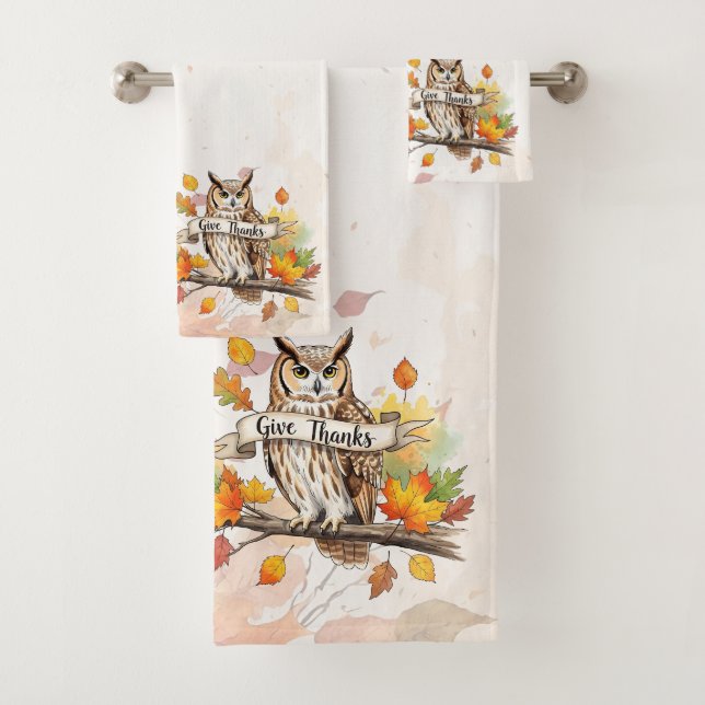 Autumn Whimsy – Thanksgiving Owl with Fall Leaves  Bath Towel Set (Insitu)