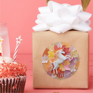 Autumn Whimsy Unicorn Pastel Orange Blush Hue Text Classic Round Sticker