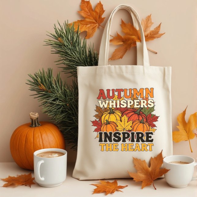 Autumn whispers design Tri-Blend shirt Tote Bag (Autumn whispers inspire the heart fall season tote bag with a design of pumpkins and fall leaves.)