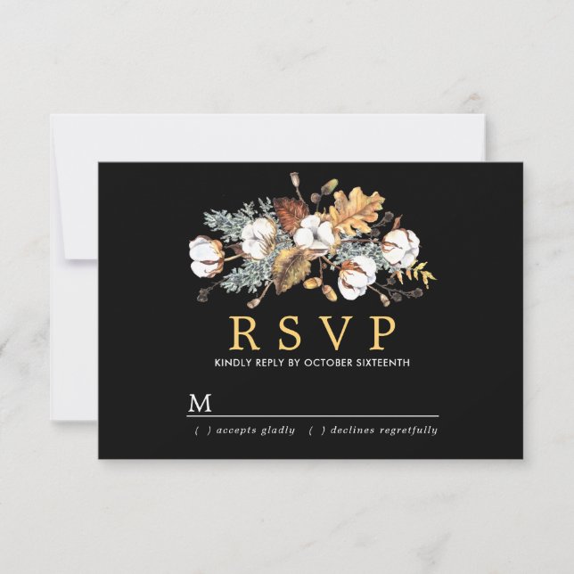 Autumn White Floral Gold Leave Wedding RSVP Card (Front)