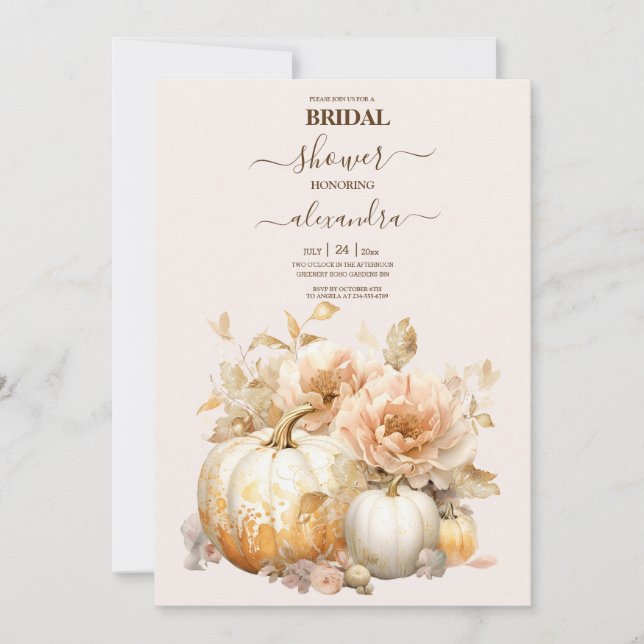 Autumn White Gold Glitter Pumpkin Bridal Invitation (Front)