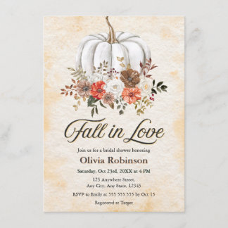 Autumn White Pumpkin Fall in Love Bridal Shower Invitation