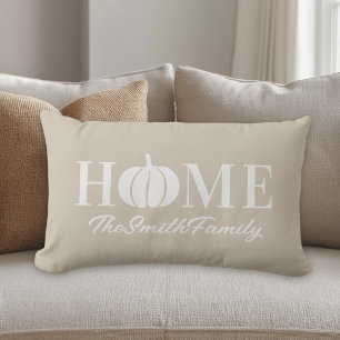 Autumn White Pumpkin Family Name Beige Lumbar Cushion