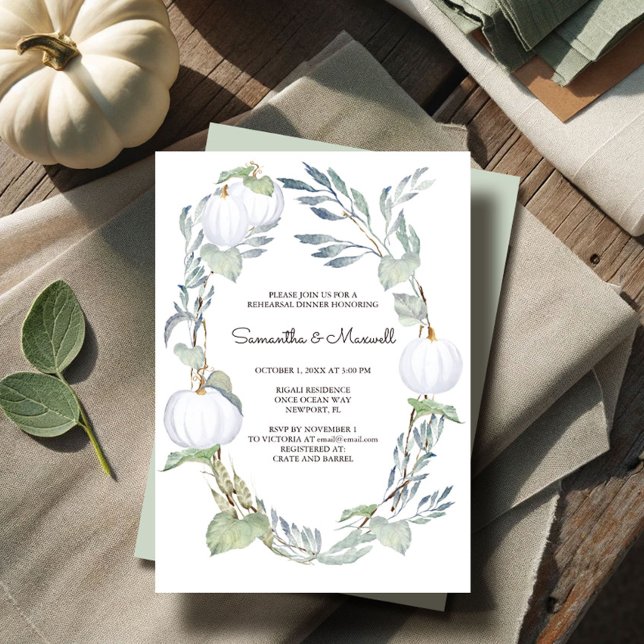 Autumn WHITE PUMPKIN Greenery Rehearsal Dinner Invitation (White pumpkin rehearsal dinner invitations for fall weddings by VG Invites)