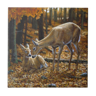 Autumn Whitetail Doe and Fawn Tile