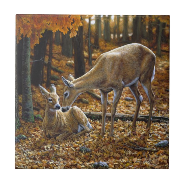 Autumn Whitetail Doe and Fawn Tile (Front)