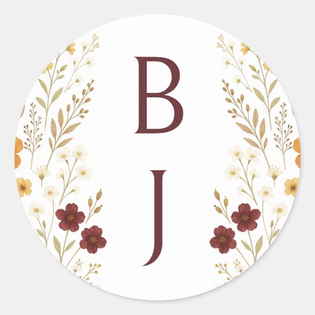 Autumn Wildflower Boho Monogram Wedding  Classic Round Sticker (Front)
