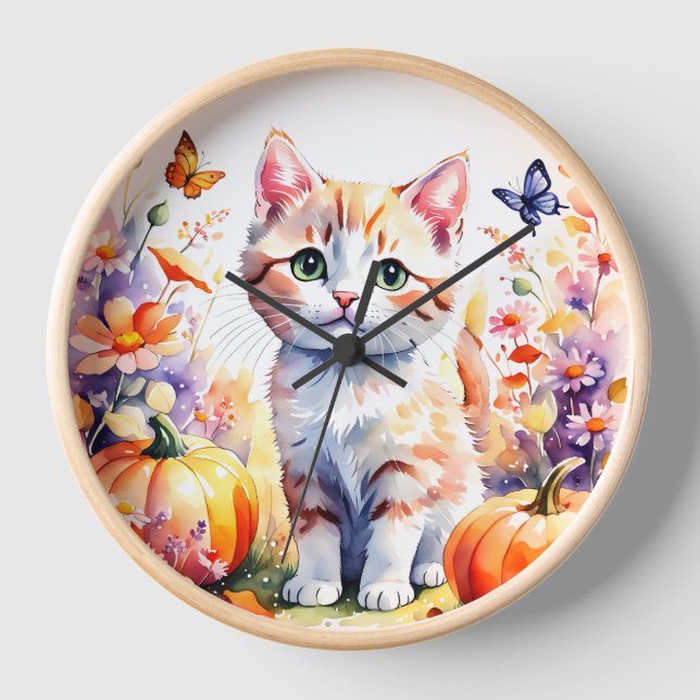 Autumn wildflower composition, with kitten clock (Front)