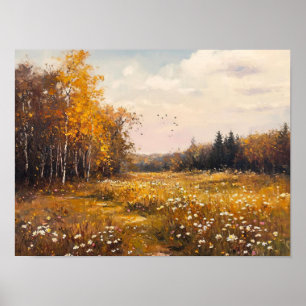 Autumn Wildflower Field Landscape Painting, Vintag Poster