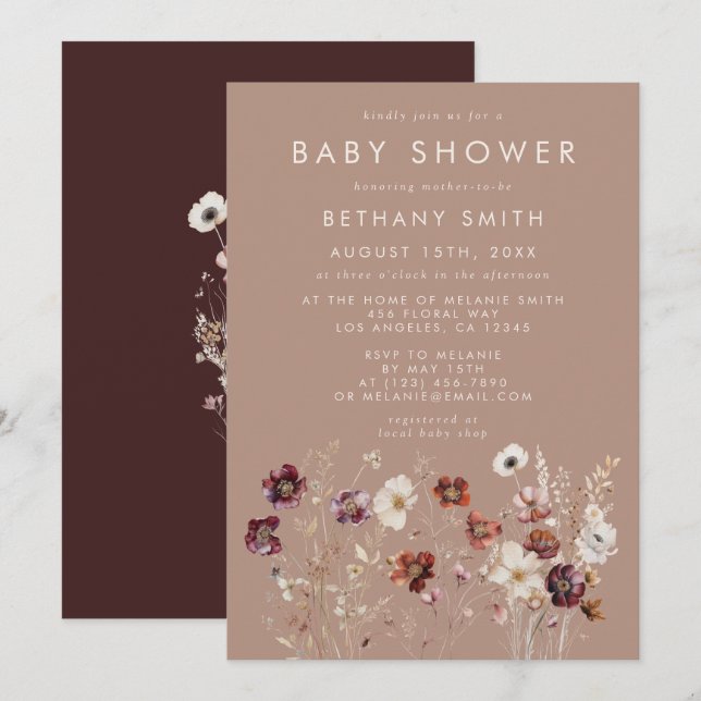 Autumn Wildflower Meadow Taupe Baby Shower Invitation (Front/Back)