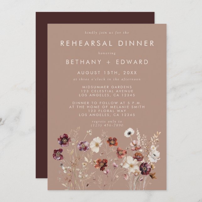Autumn Wildflower Meadow Taupe Rehearsal Dinner Invitation (Front/Back)