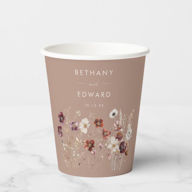 Autumn Wildflower Meadow Taupe Wedding Paper Cups (Front)