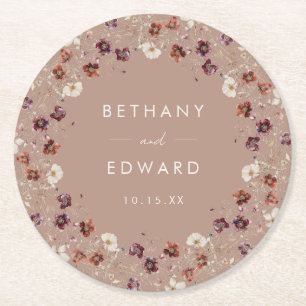 Autumn Wildflower Meadow Taupe Wedding Round Paper Coaster