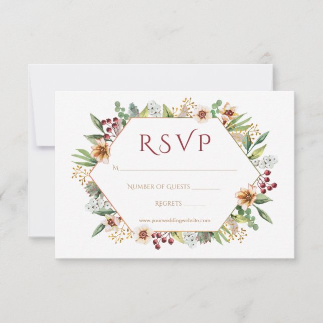 Autumn Wildflower Watercolor Wedding Red RSVP Card (Front)