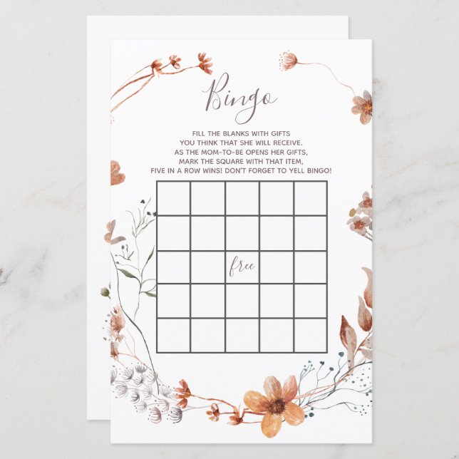 Autumn Wildflowers baby shower Bingo Game (Front/Back)