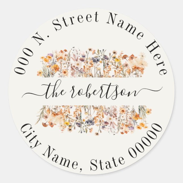 Autumn Wildflowers Boho Return Address Classic Round Sticker (Front)