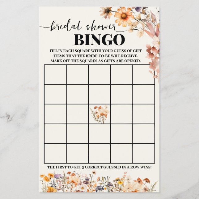 Autumn Wildflowers Bridal Shower Bingo Game Card (Front)