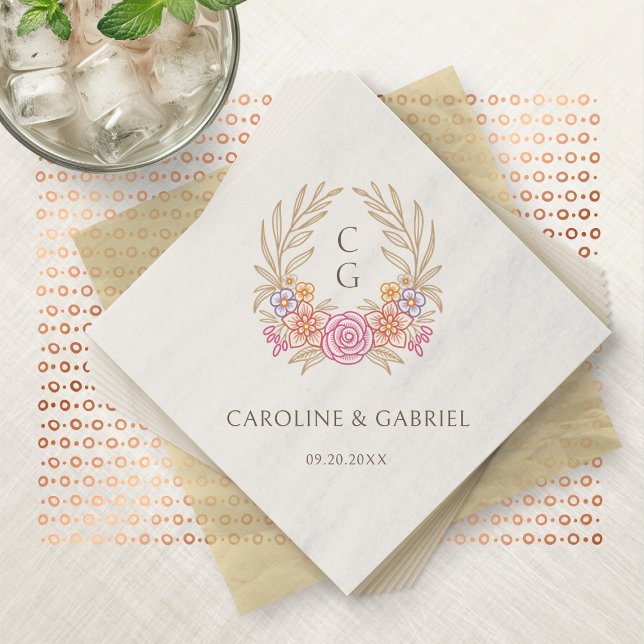 Autumn Wildflowers Crest Wreath Monogram Wedding Napkin (Creator Uploaded)