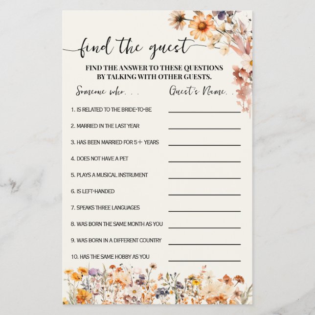 Autumn Wildflowers Find the Guest Shower Game Card (Front)