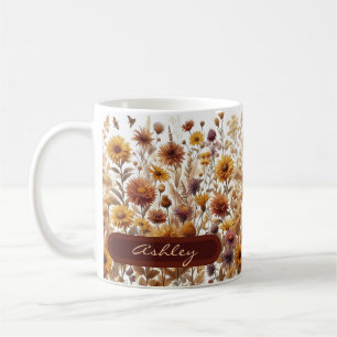 Autumn Wildflowers Leaves Brown Orange Watercolor Coffee Mug