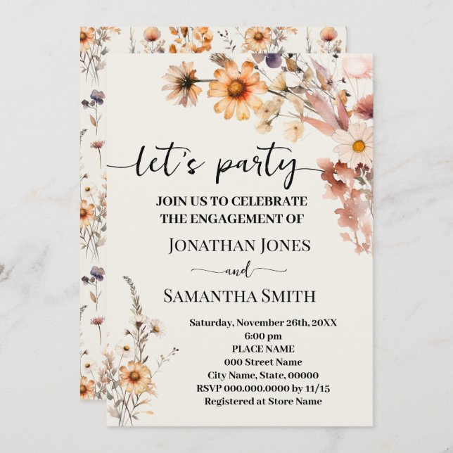 Autumn Wildflowers Lets Party Boho Engagement Invitation (Front/Back)